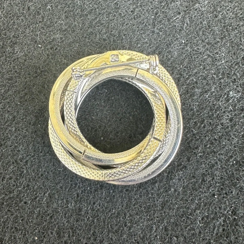 Tri-Tone Interlocking Circle Brooch Textured Silver Gold Rose Gold Pin 1.5